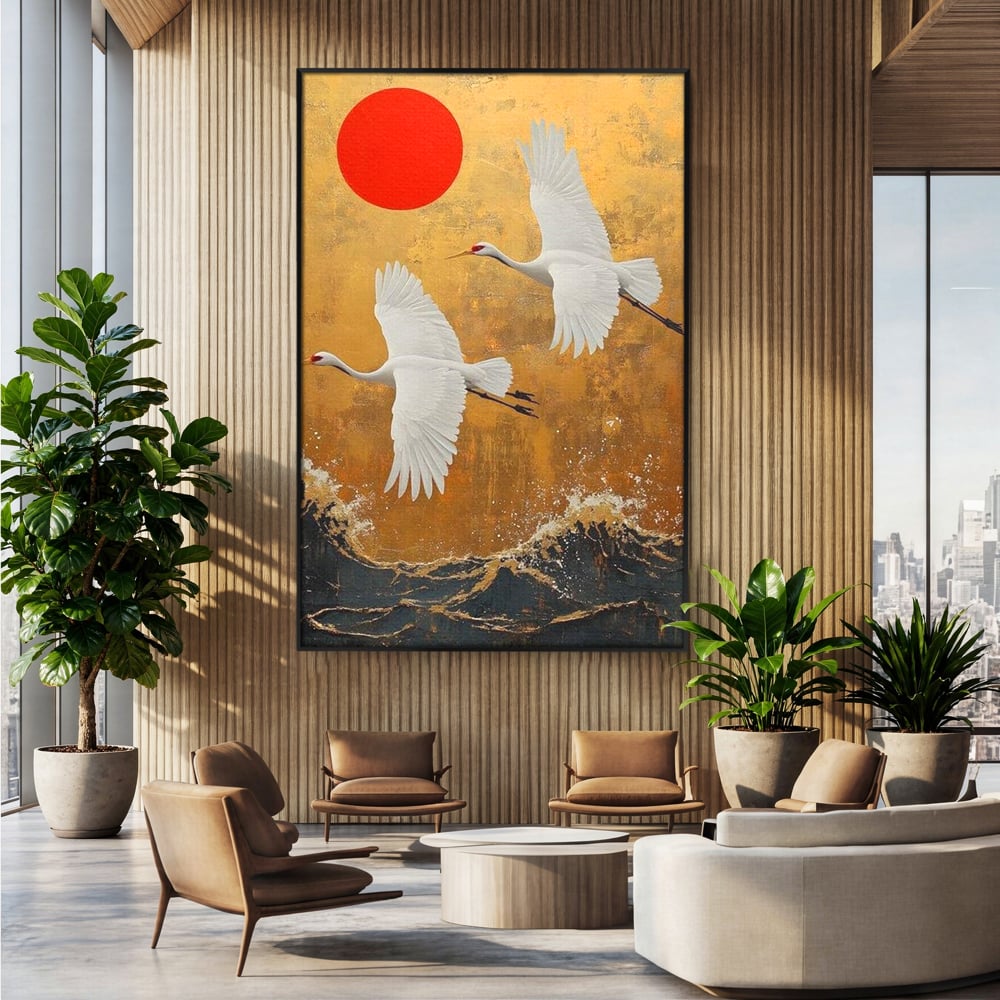 Tablou canvas cu tablou canvas cu doi cocori, in rama de aluminiu negru, pe perete intr-un birou